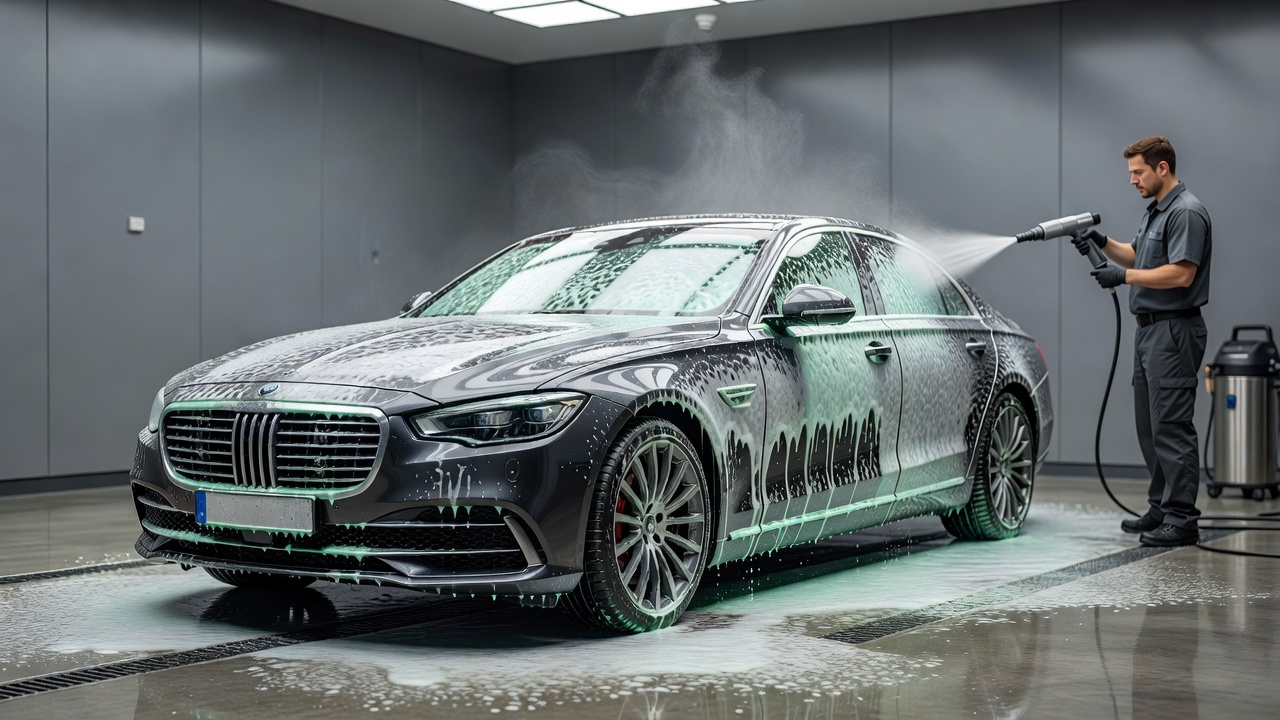 Professional vehicle detailing foam wash in progress on a premium car